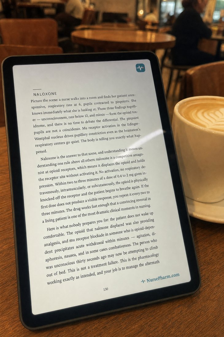 A tablet on a cafe table showing a page of the Pharmacology Manuscript about naloxone.
