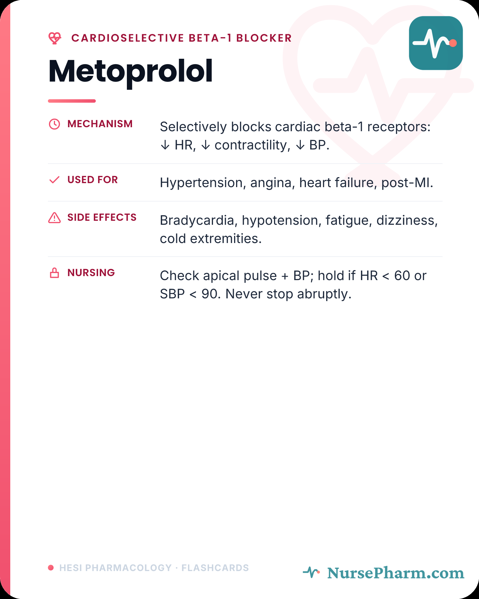 Metoprolol flashcard back: mechanism, uses, side effects and nursing actions