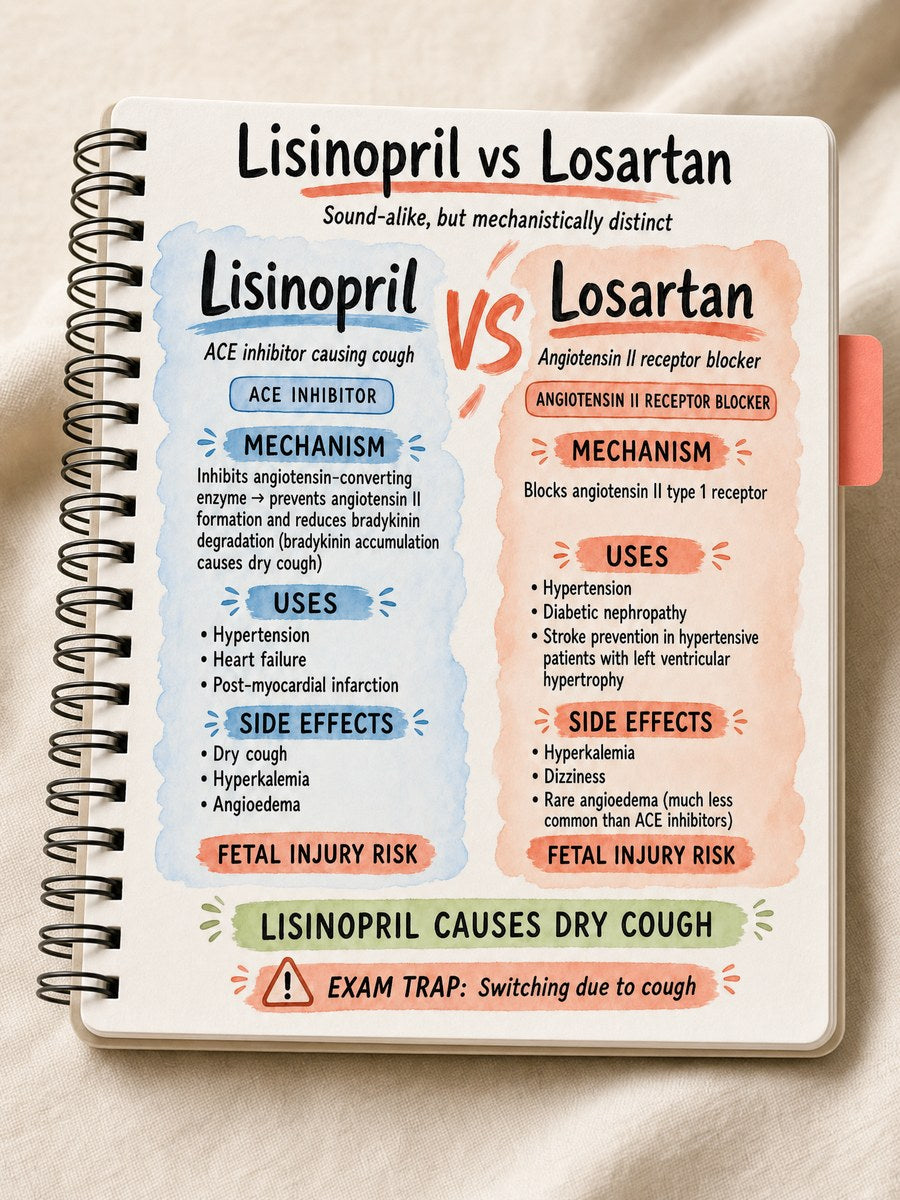 The Visual Notes as a spiral-bound, print-ready workbook, open to a real Lisinopril versus Losartan sound-alike page.