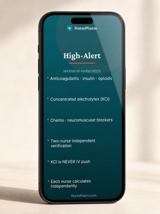 A NursePharm high-yield lock-screen wallpaper shown on a phone: the High-Alert medications list.