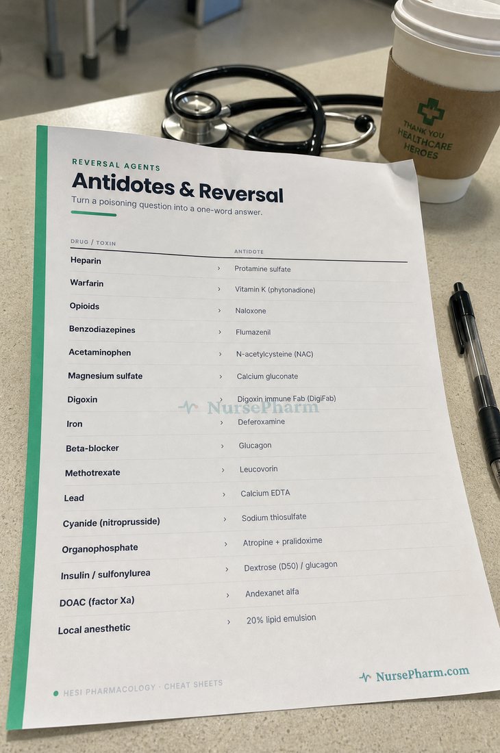 A printed Antidotes and Reversal cheat sheet on a table next to a stethoscope.
