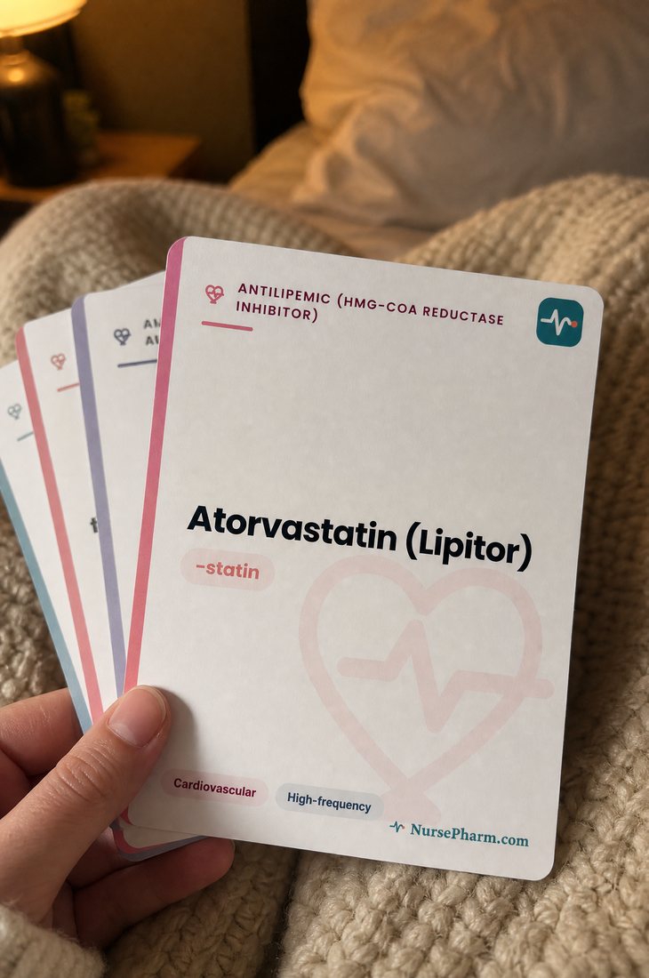 A fan of printed pharmacology flashcards held in one hand.