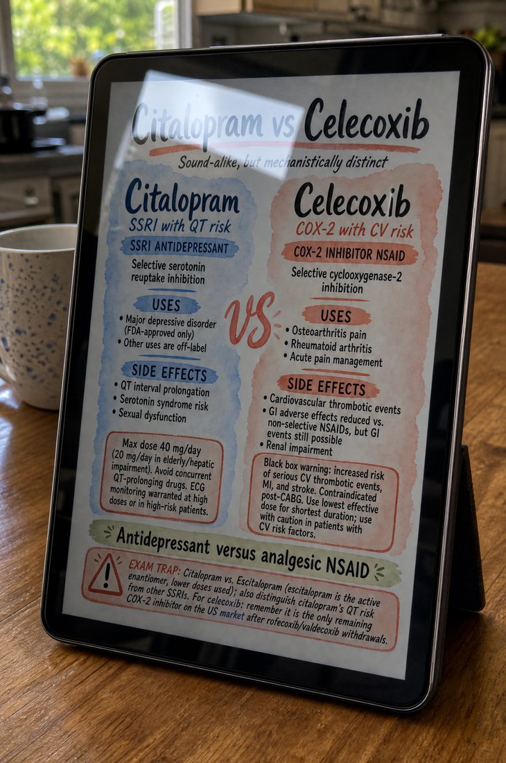 A tablet on a kitchen table showing a Visual Notes page comparing two sound-alike drugs side by side.