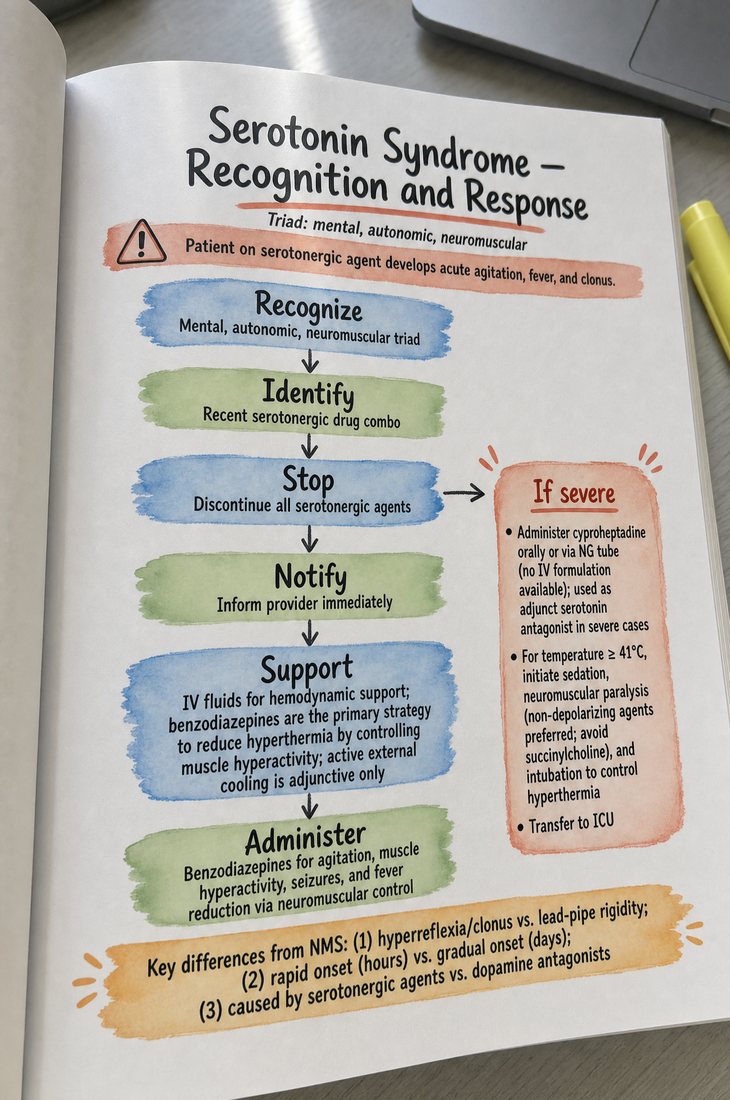 The Visual Notes book open to an illustrated page on serotonin syndrome.
