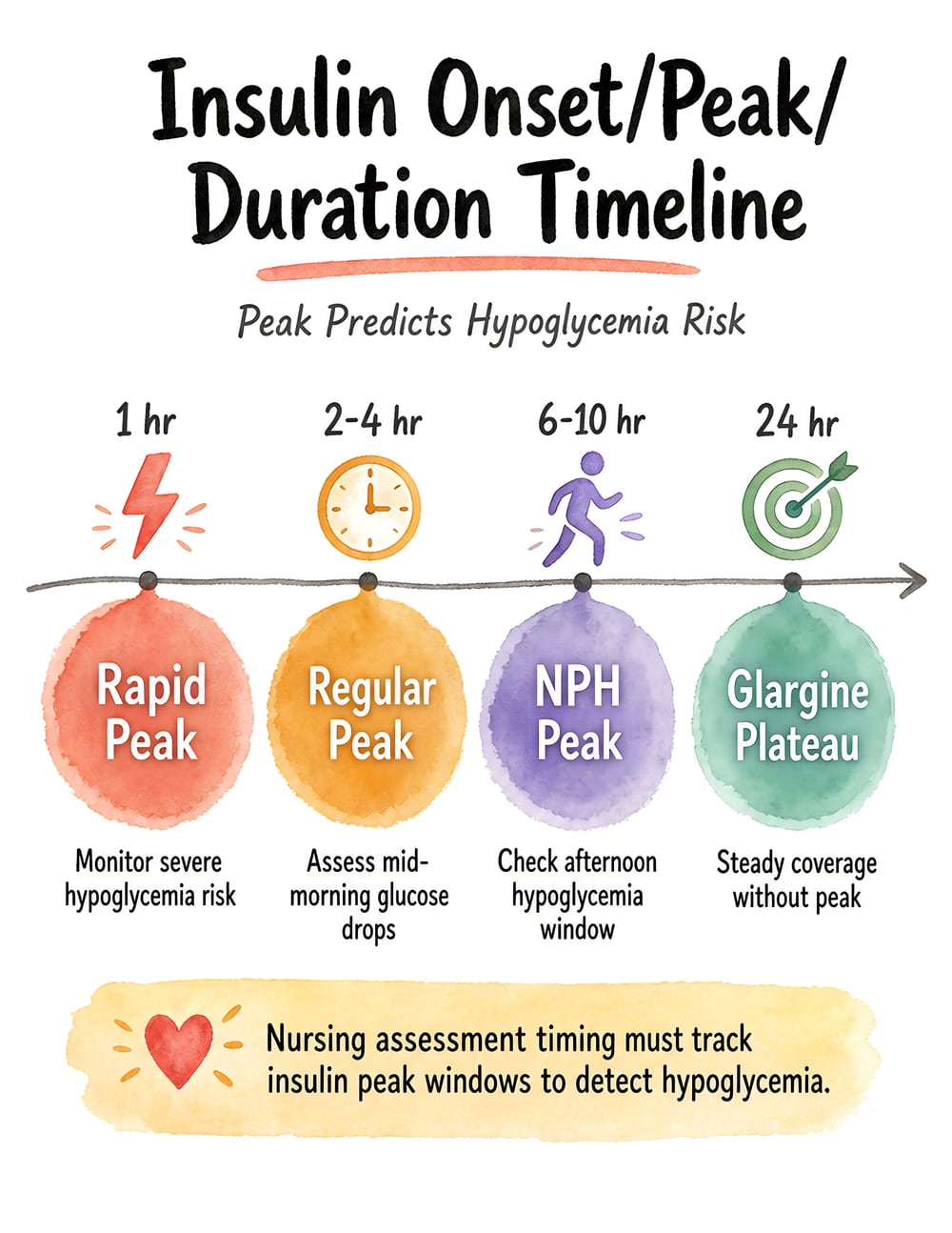 Visual Notes insulin onset, peak, and duration timeline