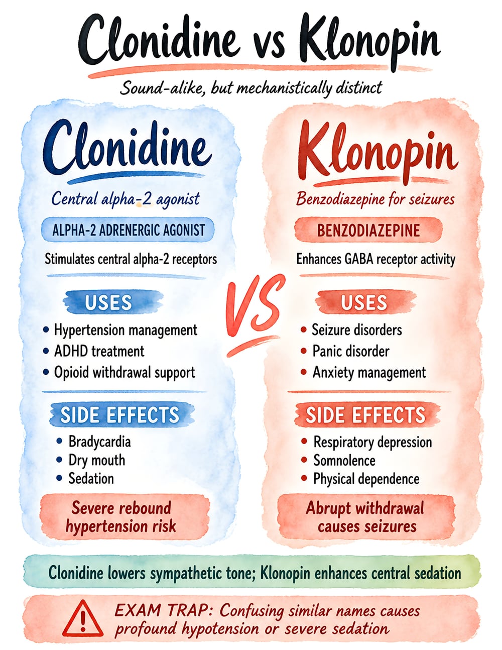 Visual Notes paired-drug comparison page featuring Clonidine